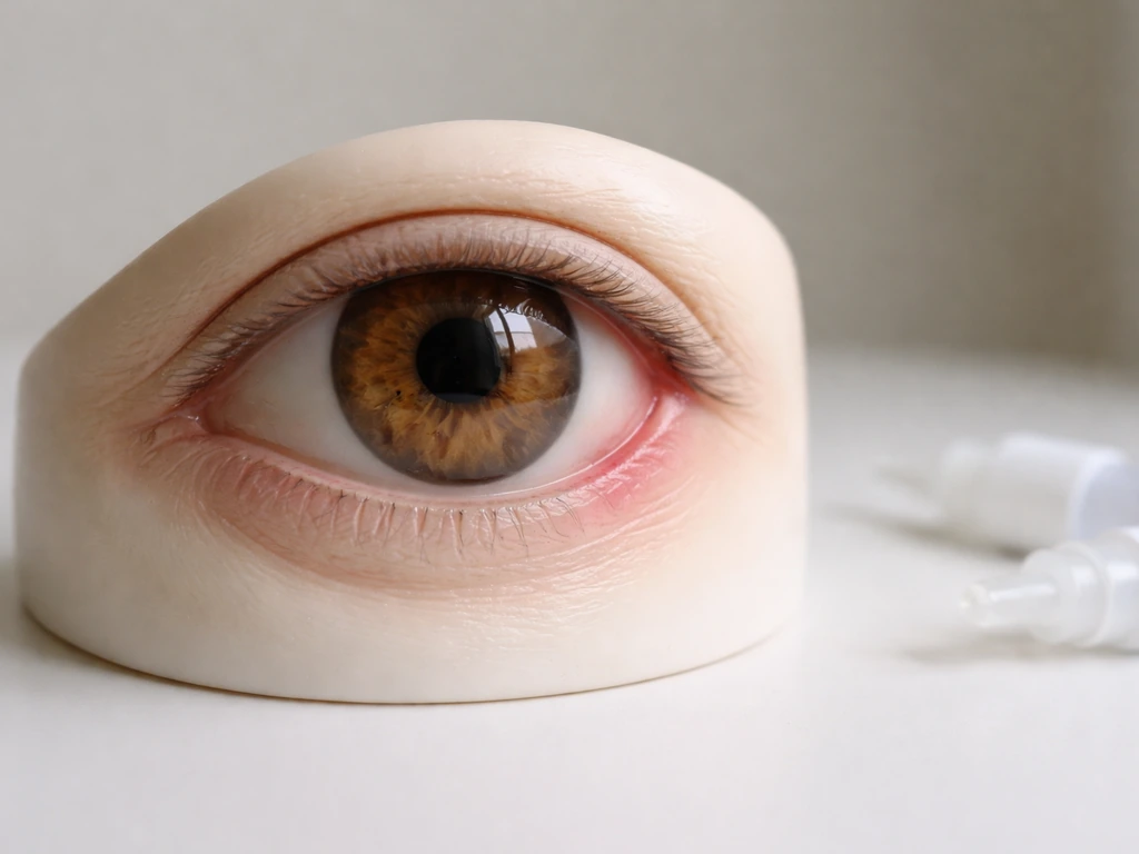 Close-up of a neutral eye model showing mild redness and subtle iris color variation near dropper tips.