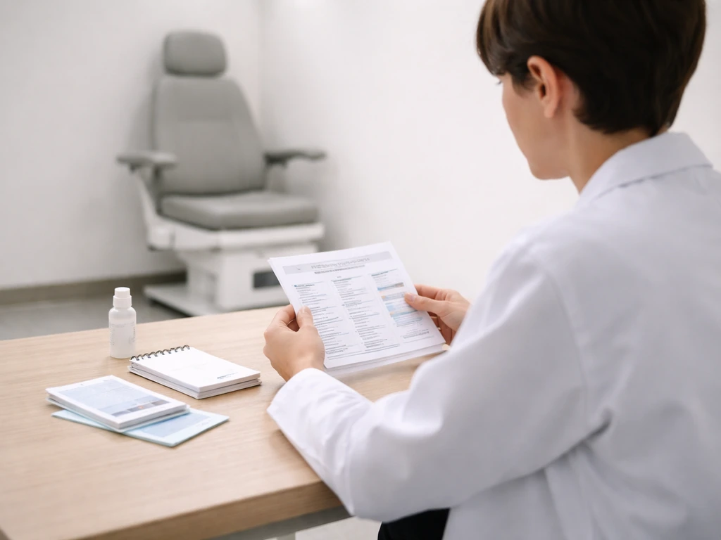 Clinician in a simple exam room reviewing a patient’s eye-drop plan for lash growth.