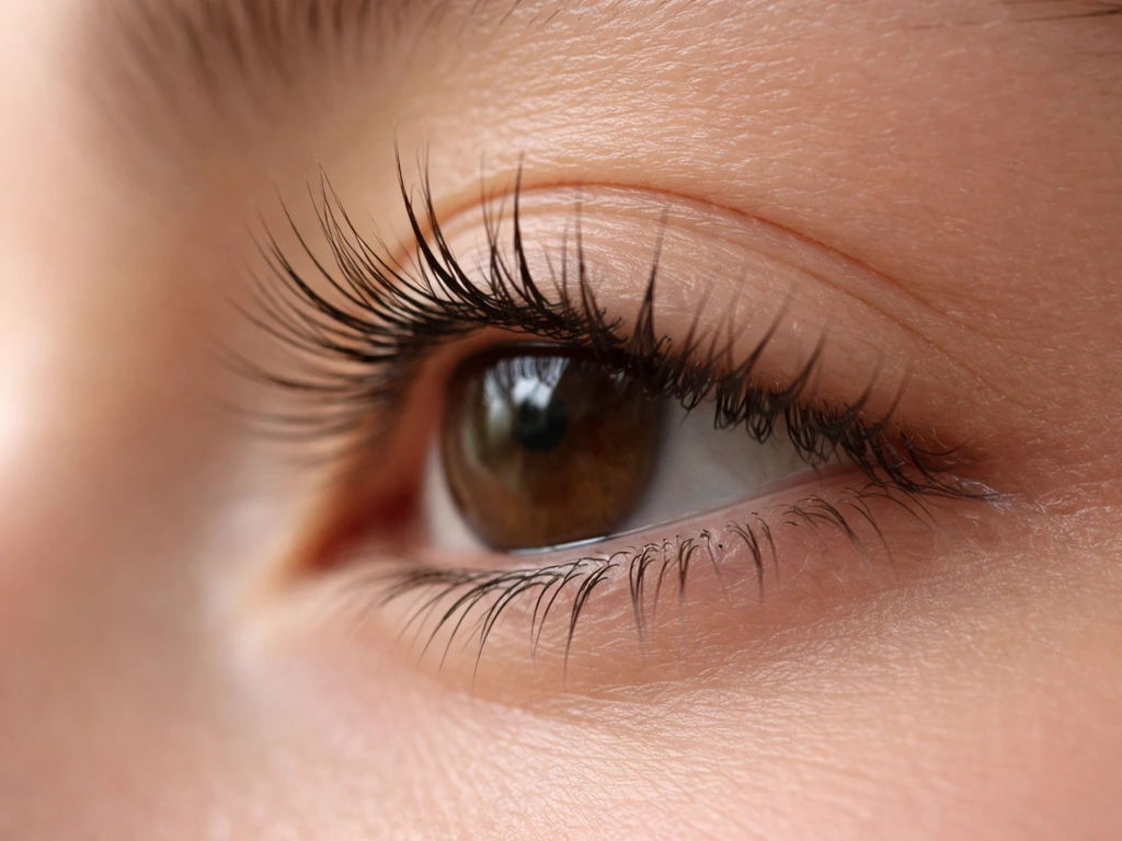 Close-up of healthy, long eyelashes along the lash line with soft natural texture and subtle shimmer.