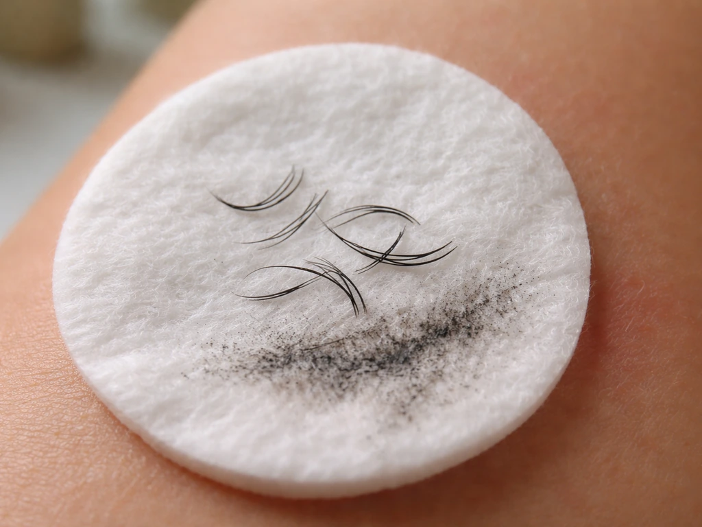 Macro of a few lashes on a makeup-removal pad with faint mascara residue on skin