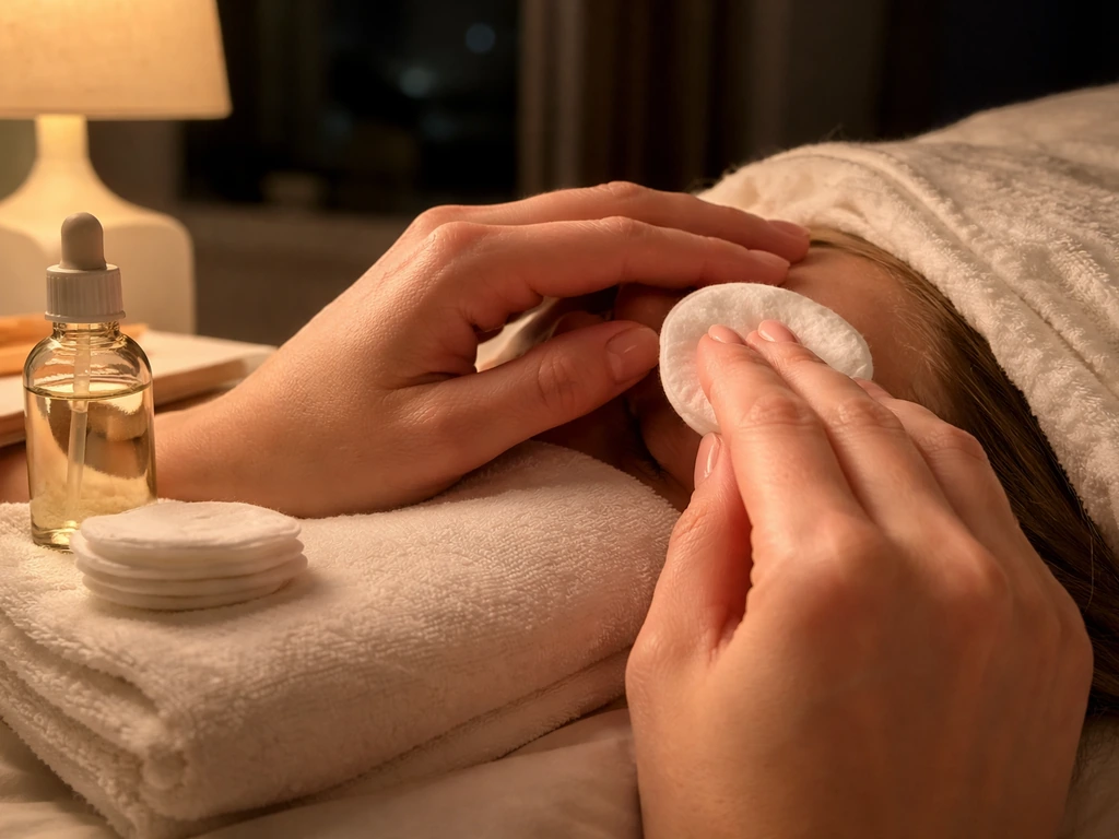 Hand applying gentle oil cleanser to lash line with cotton pad at night