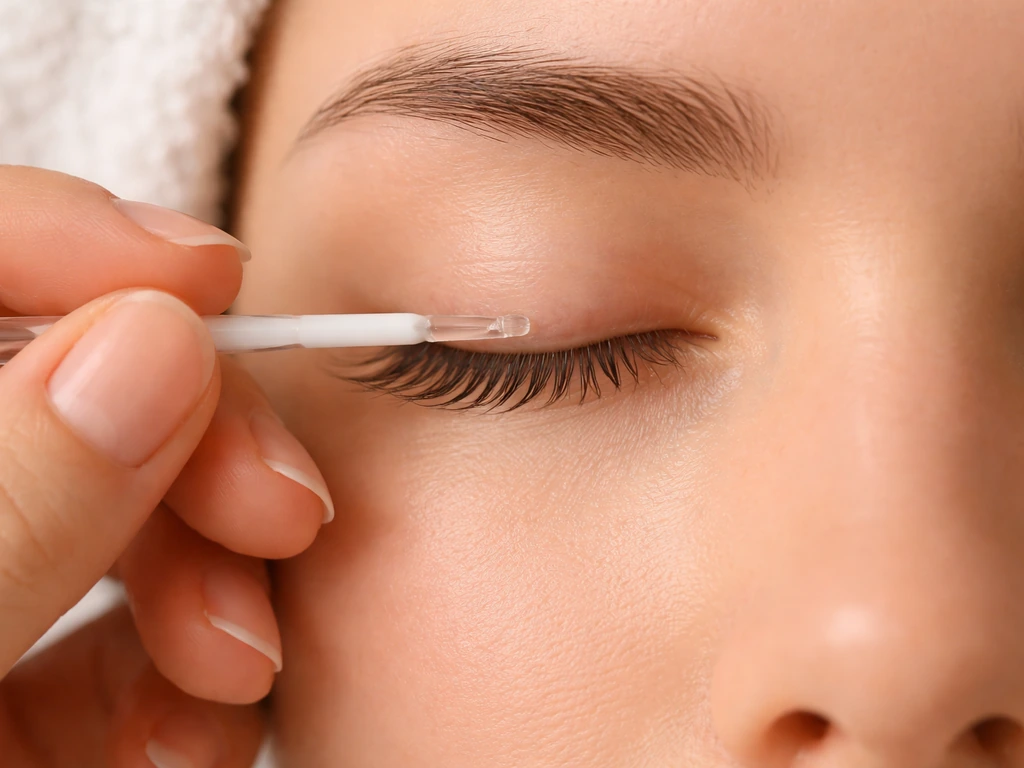 Close-up of hands applying clear lash serum with sterile applicator to upper lash line