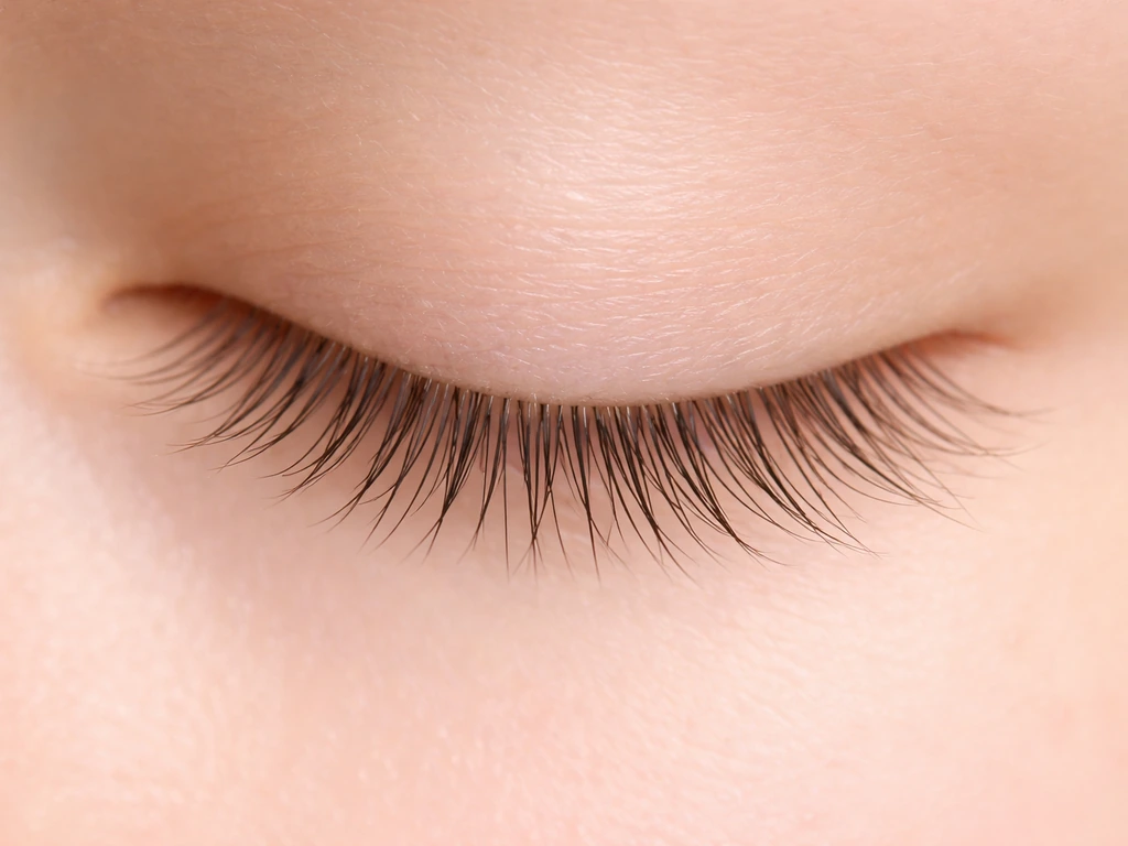 Macro close-up of bare eyelashes with no mascara, softly lit against a clean neutral background.