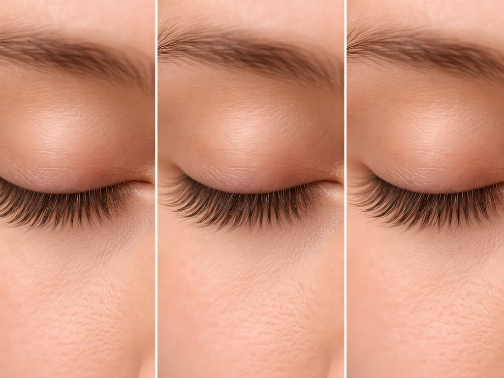 Close-up of an eyelid with eyelashes showing three subtle growth-phase variations side-by-side.