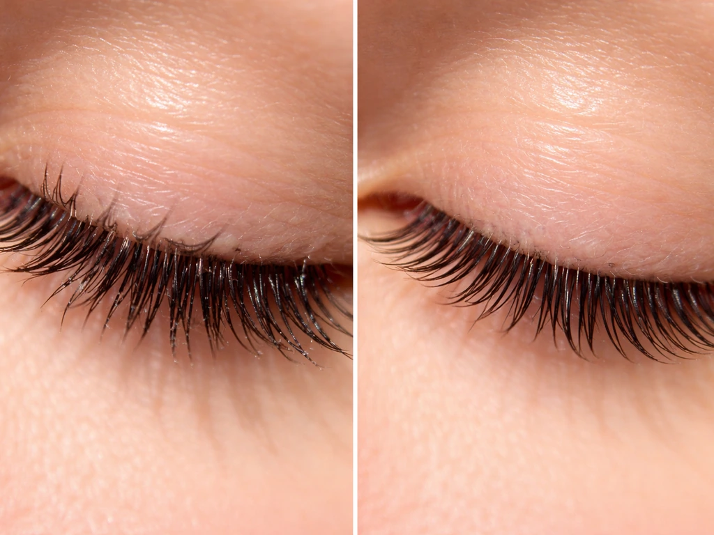 Macro side-by-side eyelashes: left shows broken, dry tips; right shows intact, healthier lashes after gentle removal.