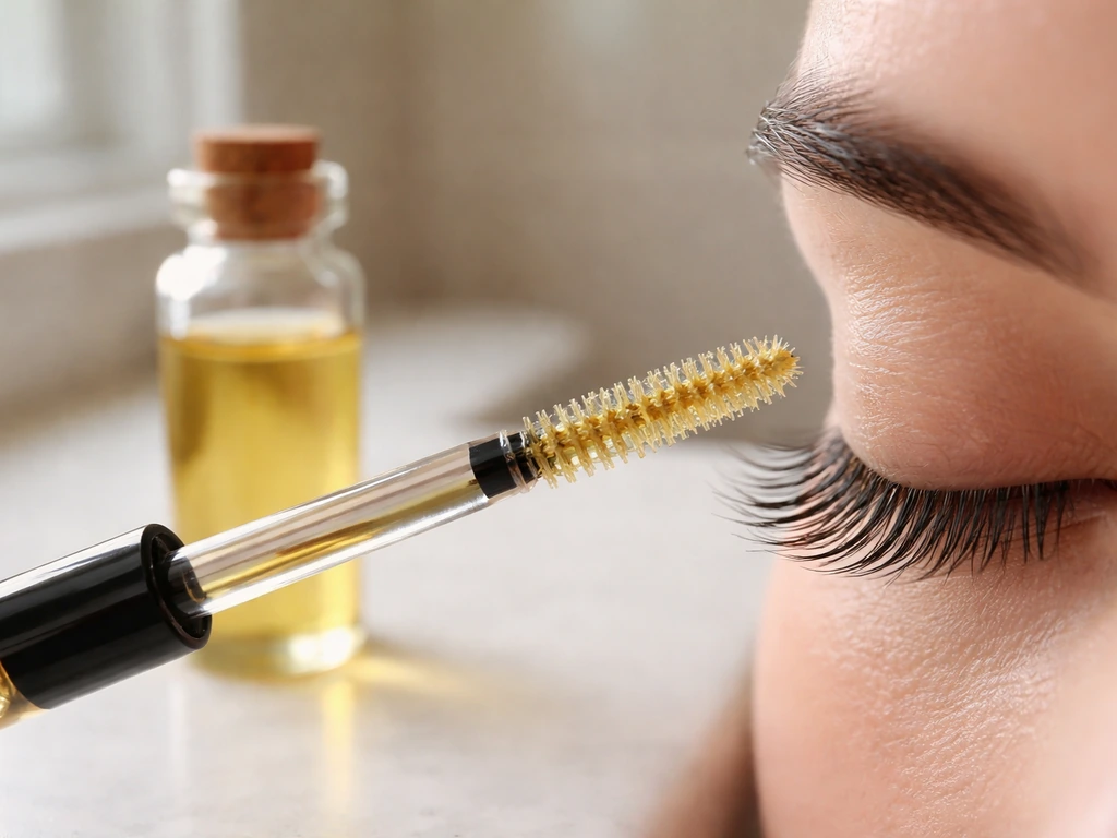Close-up of a small wand applying clear castor oil to clean lashes beside a vial.