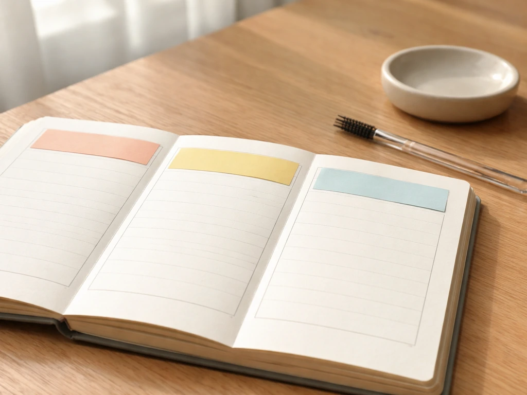 Open planner with colored tabs and a clean eyelash spoolie on a wooden desk, suggesting a multi-month timeline.