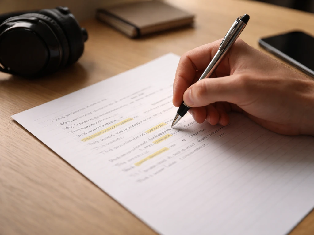 Gros plan sur une feuille d’écriture rap avec surlignages discrets et un stylo, ambiance bureau minimal.