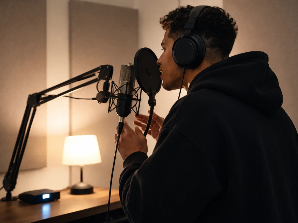Rappeur anonyme en studio avec casque et micro, entraînement au flow près d’un métronome discret.