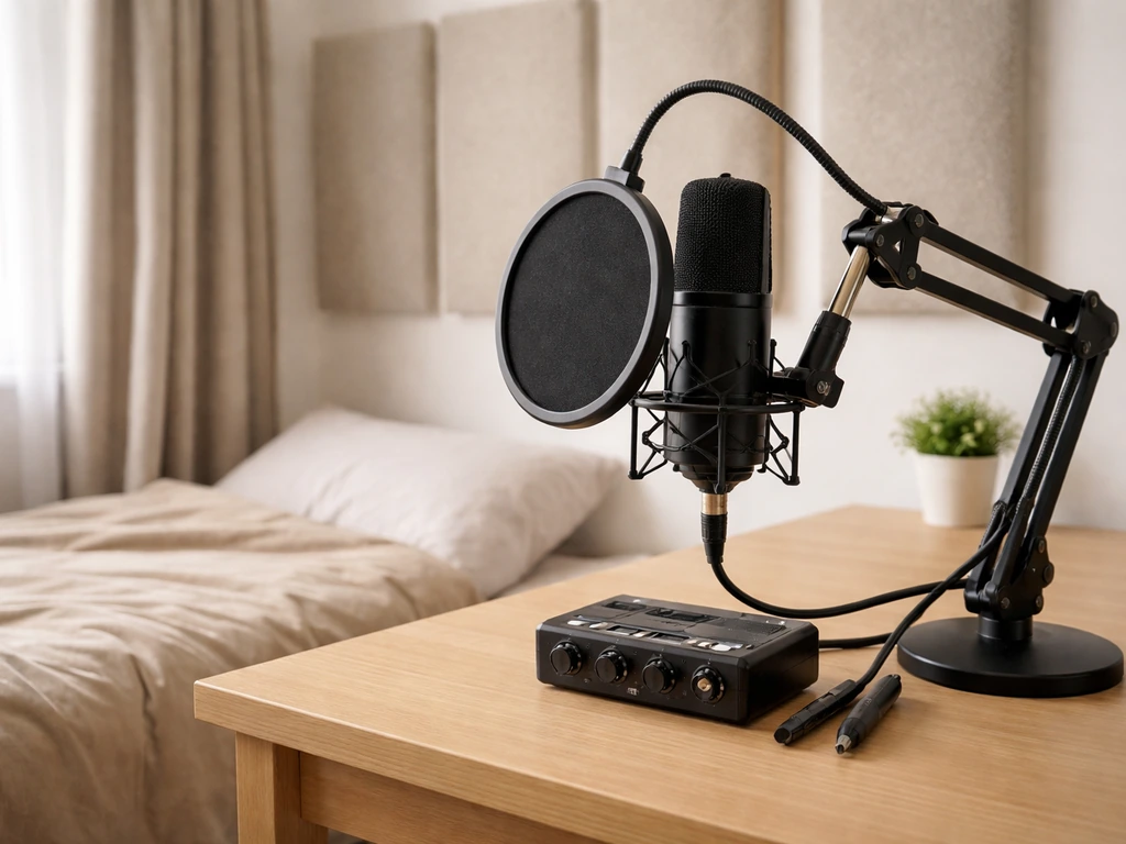 Micro de studio sur bras, anti-pop et interface audio dans une chambre simplement traitée acoustiquement.