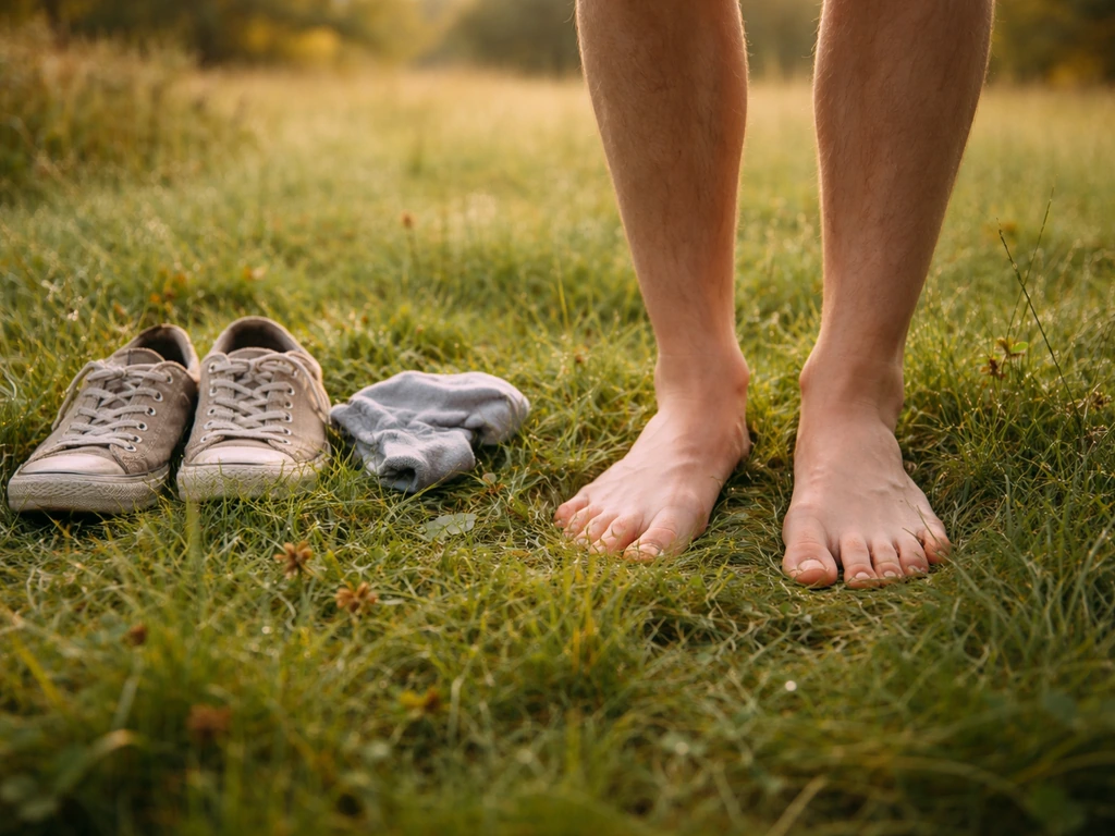 Des pieds nus posés dans l’herbe, chaussures et chaussettes retirées dans un champ vert naturel.