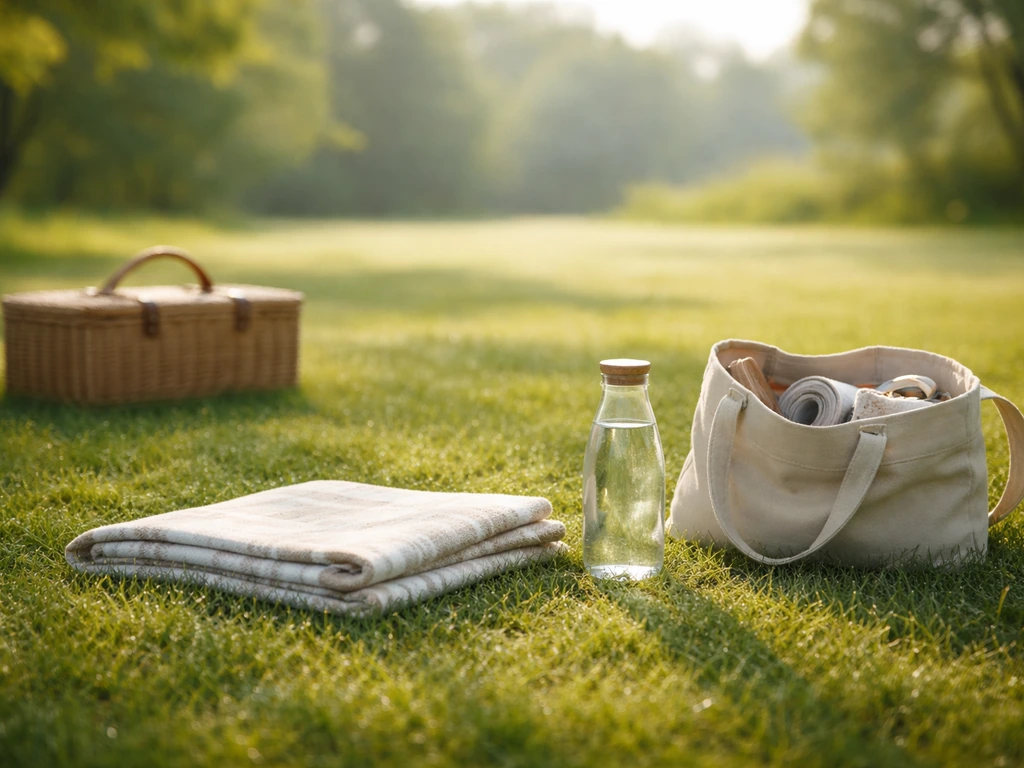 Plaid, bouteille d’eau et petit kit pique-nique posés sur l’herbe, ambiance calme au soleil.
