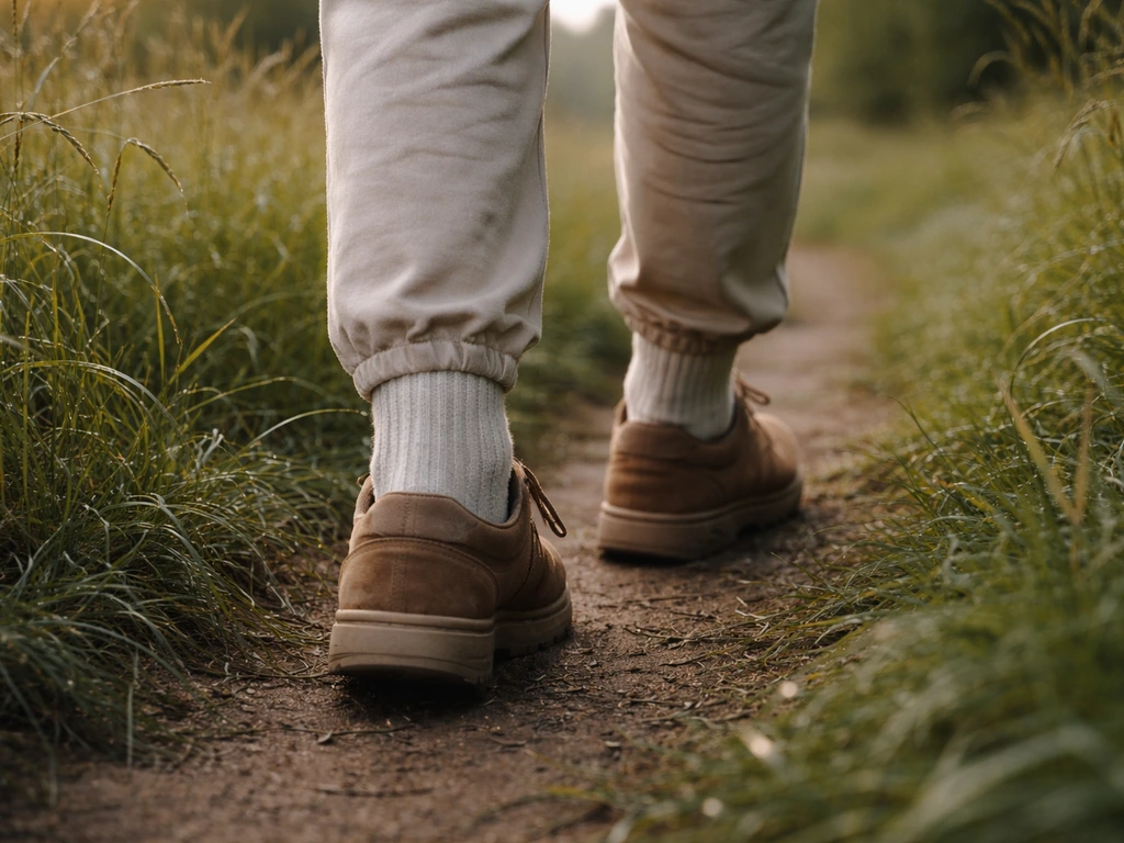 Détail des chaussures : pantalon léger rentré dans des chaussettes, avec herbe haute humide en arrière-plan.