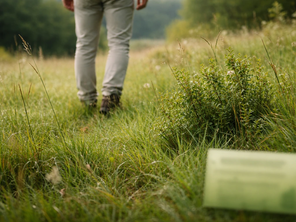 Herbe haute en bord de sentier, pantalon rentré d’une personne anonyme, avertissement discret contre les tiques.