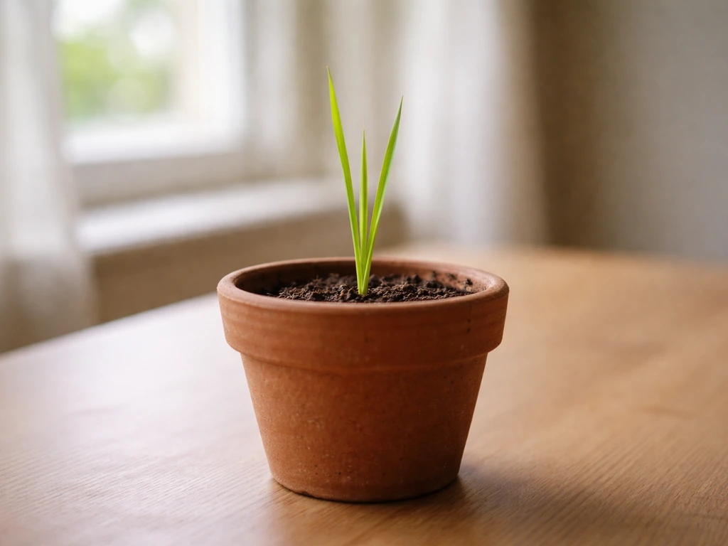 Jeune pousse verte de blé dans un petit pot, symbole de potentiel en herbe.