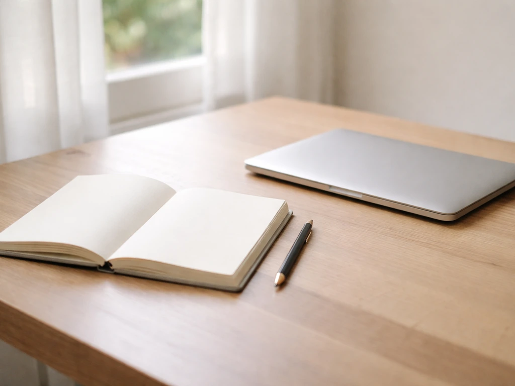 Carnet papier ouvert à côté d’un ordinateur portable sur une table, lumière naturelle, sans texte ni personnes.
