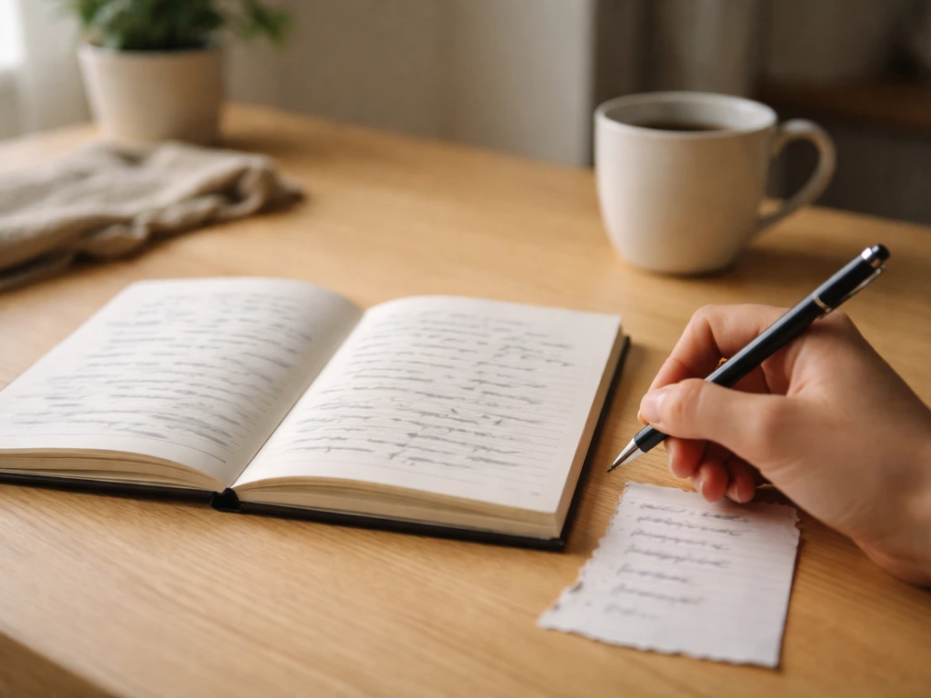 Carnet ouvert et stylo sur une table, écriture libre floue et liste de mots déclencheurs non lisibles.