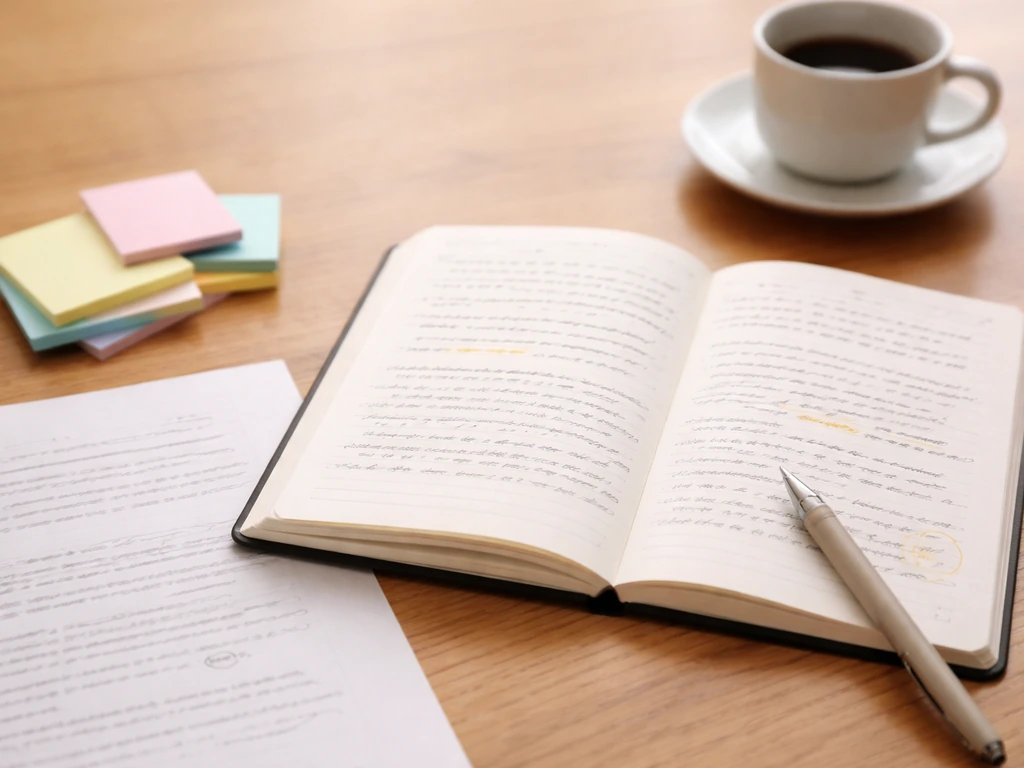 Table d’écriture avec cahier relu, post-it et annotations discrètes suggérant un retour extérieur.