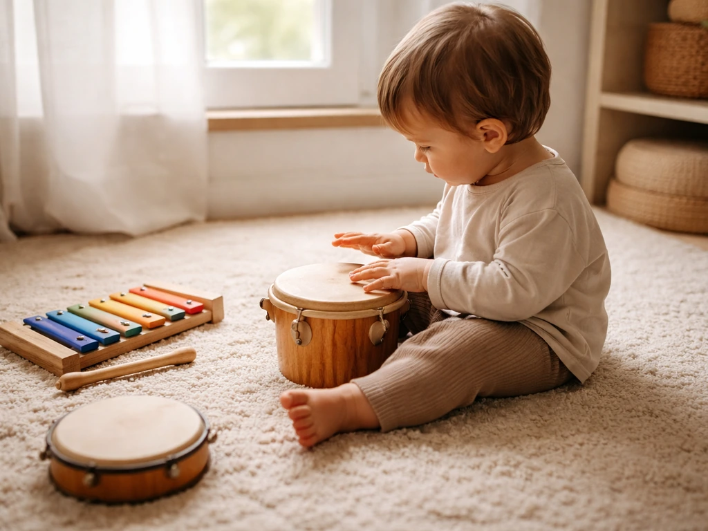 Jeune enfant qui explore le rythme avec de petites percussions près d’une fenêtre, ambiance chaleureuse.