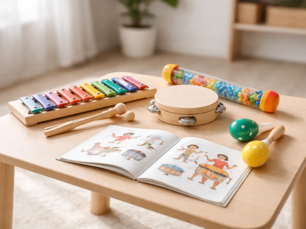 Mini-instruments et accessoires de rythme sur une table, pour illustrer des activités musicales enfants adaptées.