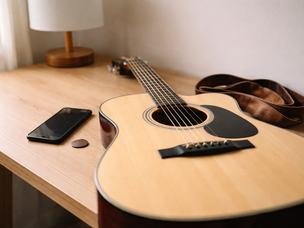 Guitare posée sur un bureau, accordeur smartphone et métronome, accessoires simples en arrière-plan flou.
