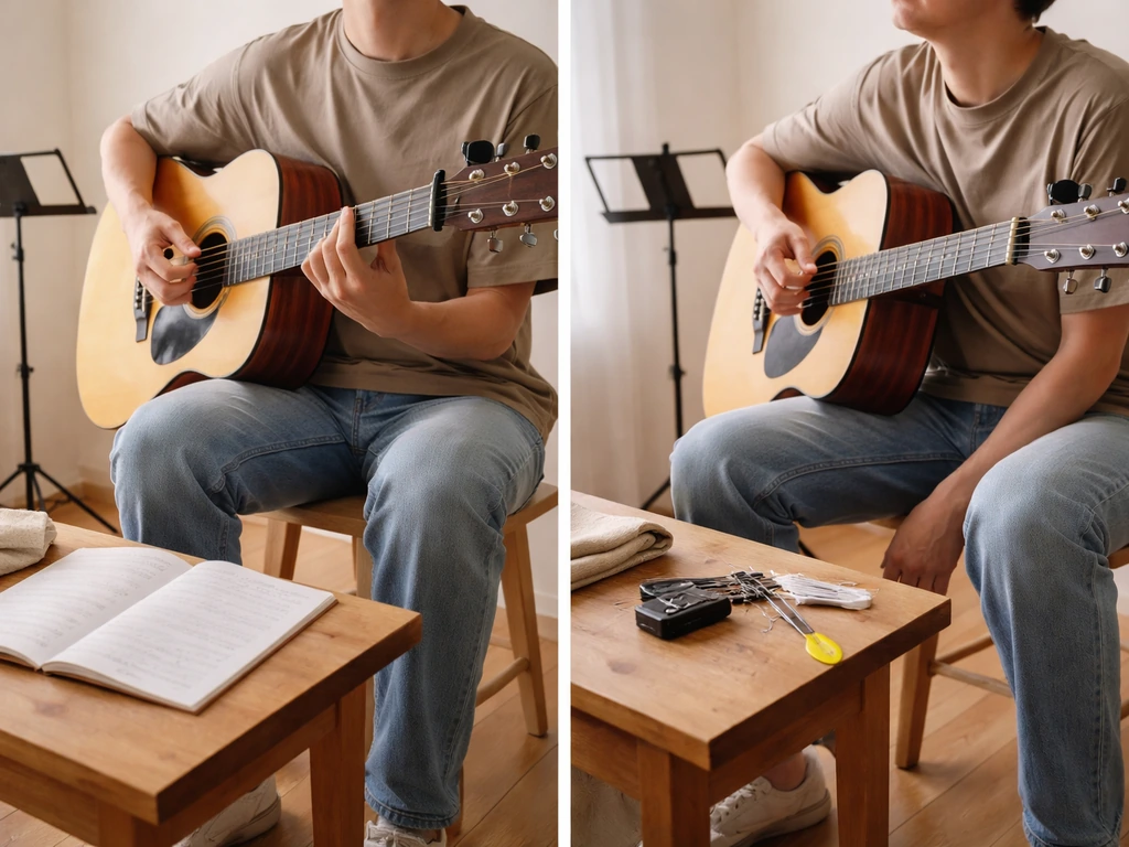 Personne anonyme près d’un instrument : échauffement commencé à gauche, posture crispée sans échauffement à droite.