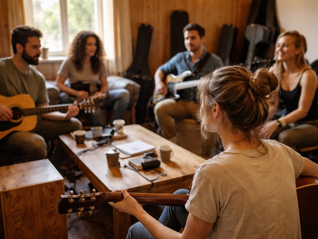 Dans un petit studio, une musicienne joue de la guitare dans un cercle d’amateurs, ambiance de jam collective.