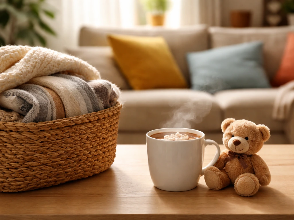 Ambiance comédie familiale décalée, tasse de chocolat chaud et peluche devant un canapé, style affiche
