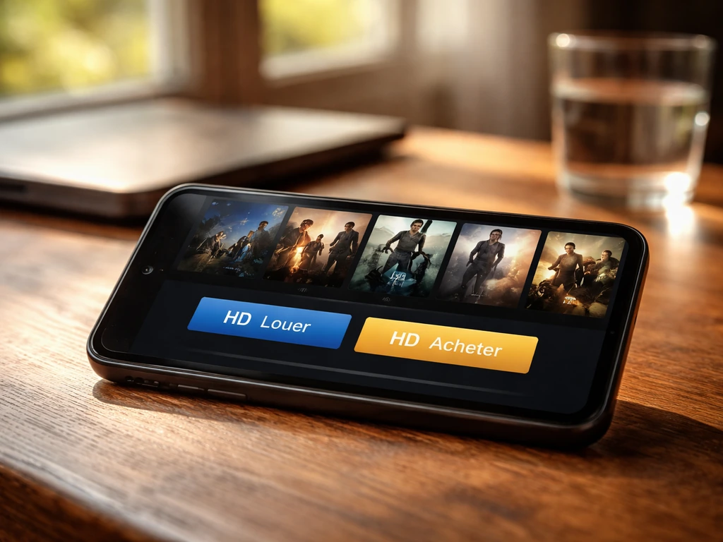 Smartphone sur une table affichant une page VOD “location/achat” générique, ambiance France, lumière naturelle.