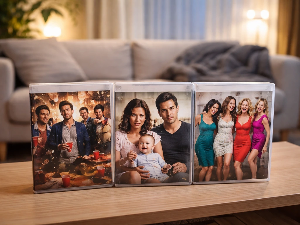 Trois boîtiers de DVD/Blu-ray de comédies posés sur une étagère, ambiance salon chaleureux et lumineuse.