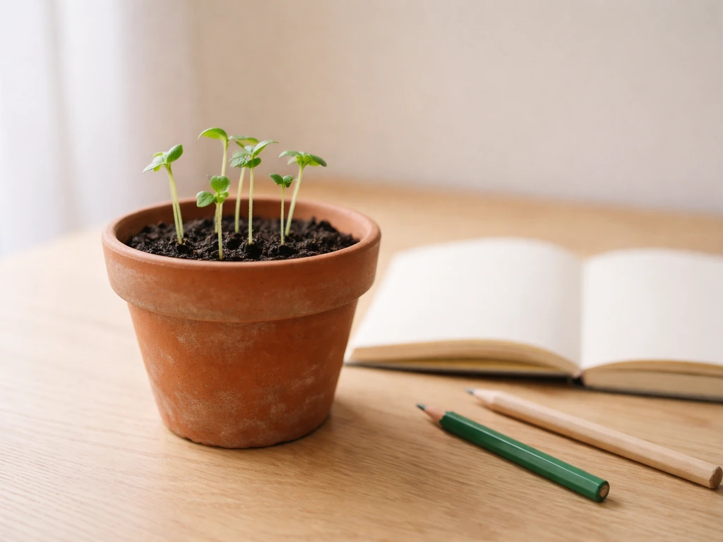 Jeunes graines qui germent dans un petit pot, carnet et crayons de projet à côté, ambiance de croissance