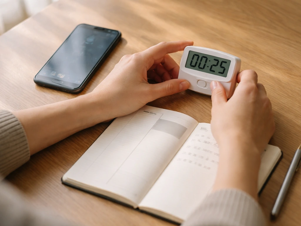 Mains sur une table avec chronomètre et agenda, illustrant un timeboxing de courte durée et structuré.