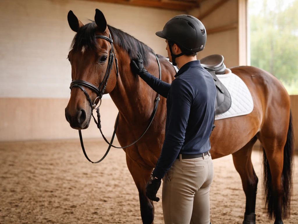 Débutant en casque près d’un cheval calme dans un manège de club équestre, ambiance sécurité