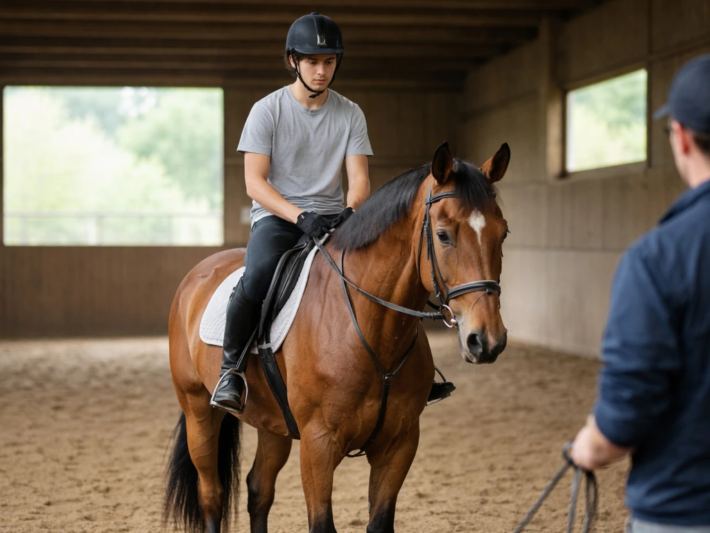Au club d’équitation, un débutant suit un cours près d’un cheval, posture hésitante, encadrement bienveillant.