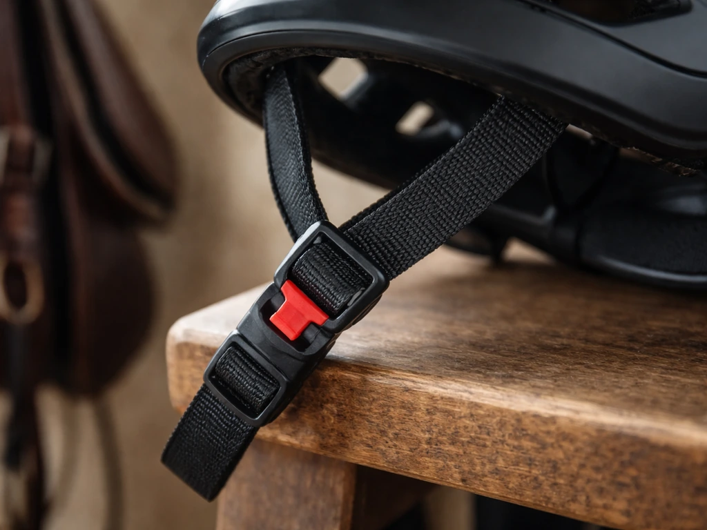 Gros plan sur un casque de sport vélo homologué, mentonnière ajustée, dans une selle/box bien rangée.
