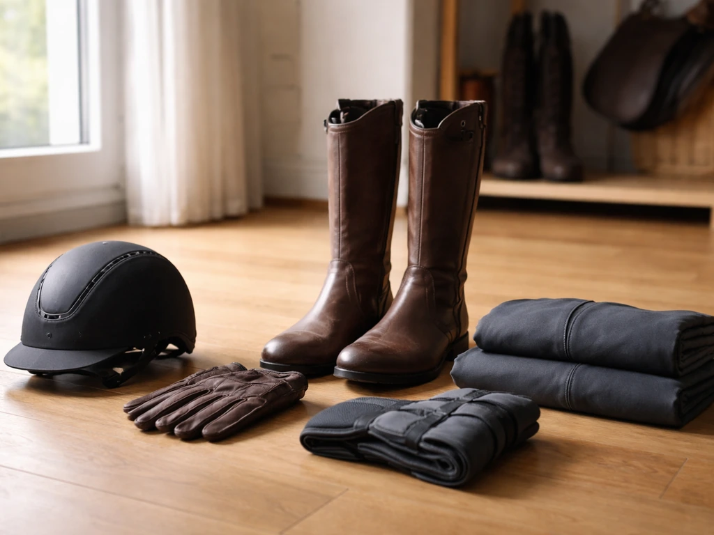Casque, gants, bottes et protections d’équitation alignés sur un sol près d’une fenêtre, sans personne.
