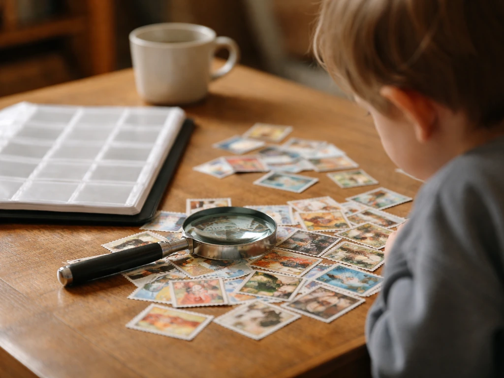 Un enfant découvre des timbres français avec une loupe, classeur de philatélie ouvert sur une table.