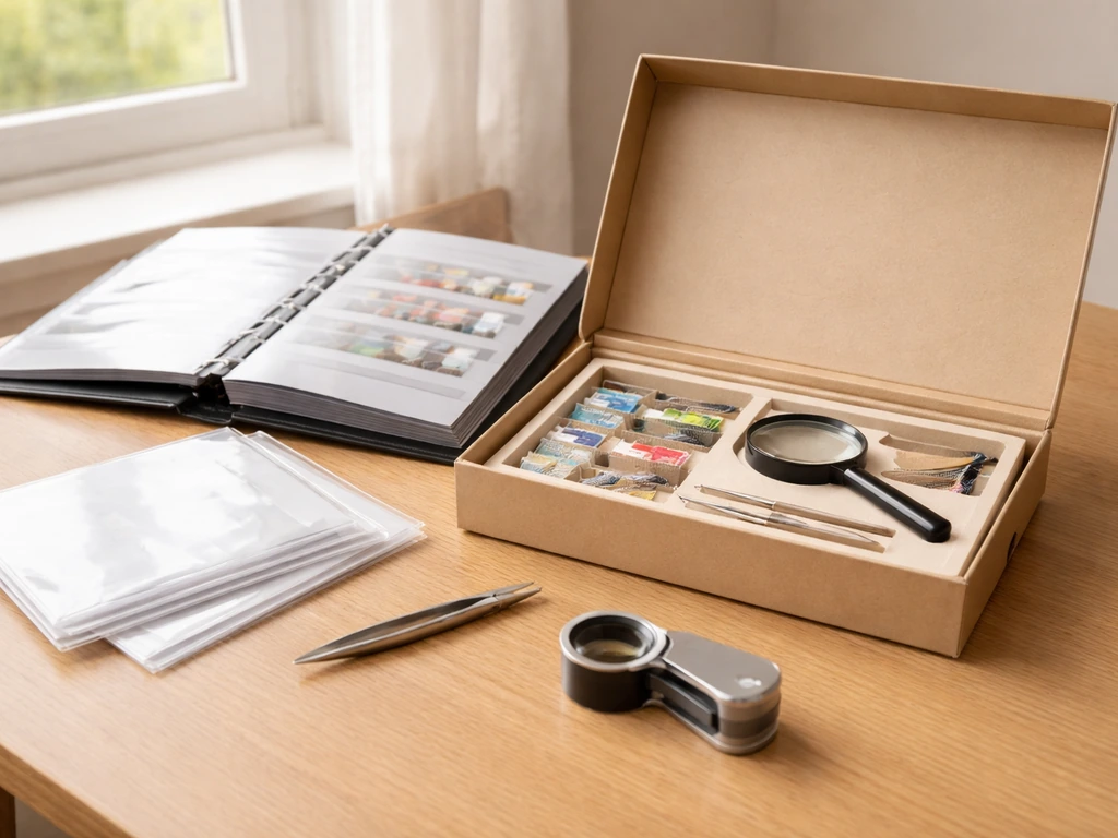 Coffret de philatélie pour débutant avec classeur, feuilles, pince et loupe posés sur une table