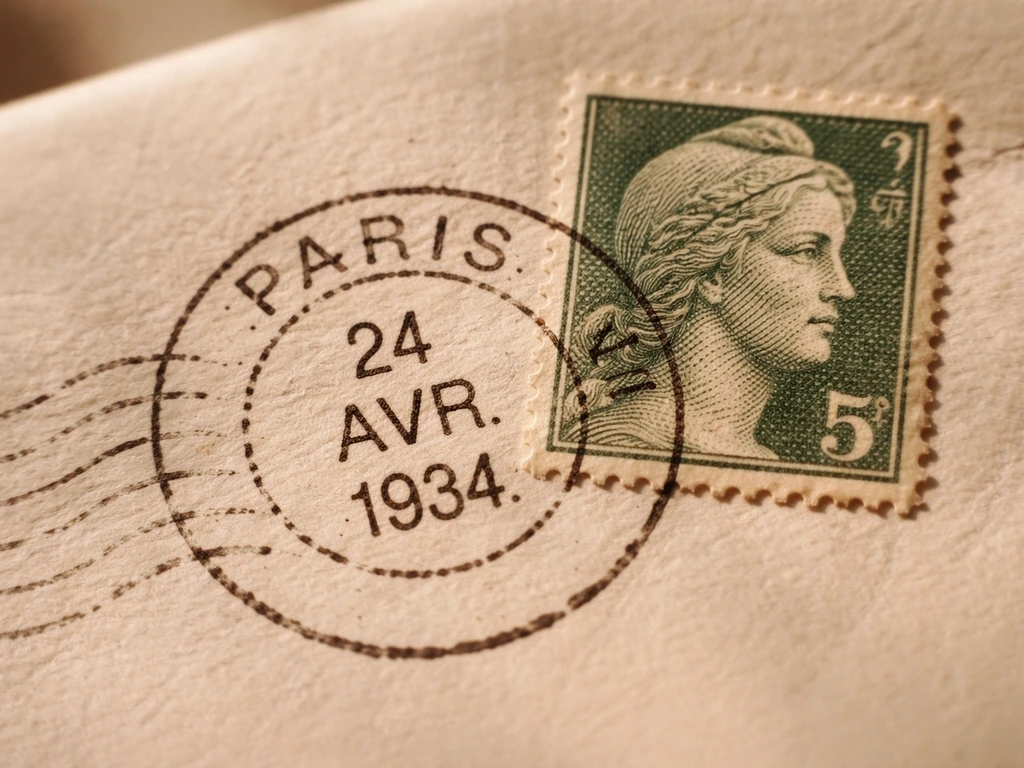 Gros plan sur un cachet à date noir sur un ancien timbre, montrant la ville et la date en relief.