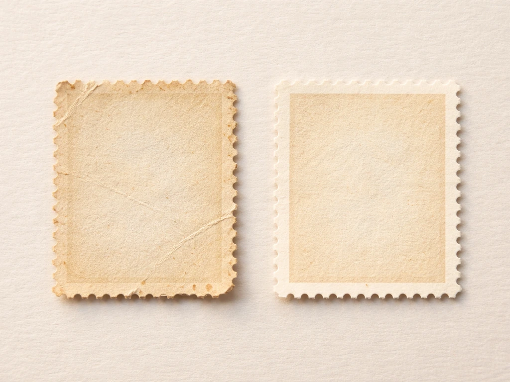 Deux timbres côte à côte : l’un avec traces et coins abîmés, l’autre en meilleur état, papier net.
