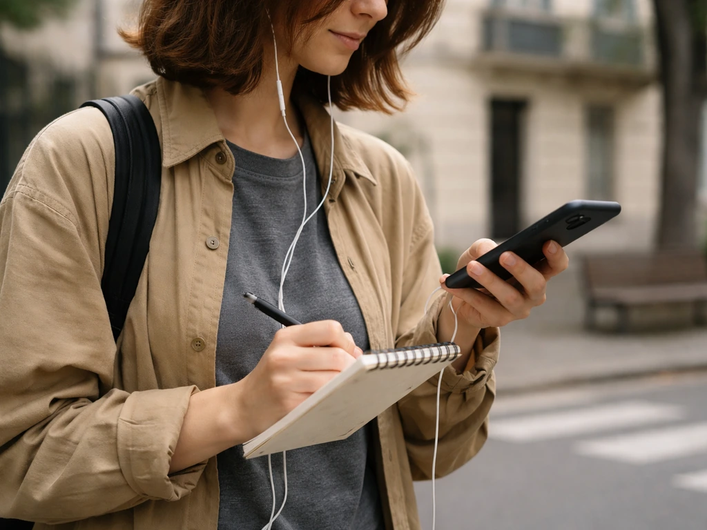 Jeune personne prépare son premier sujet de reportage avec carnet et téléphone en ville française