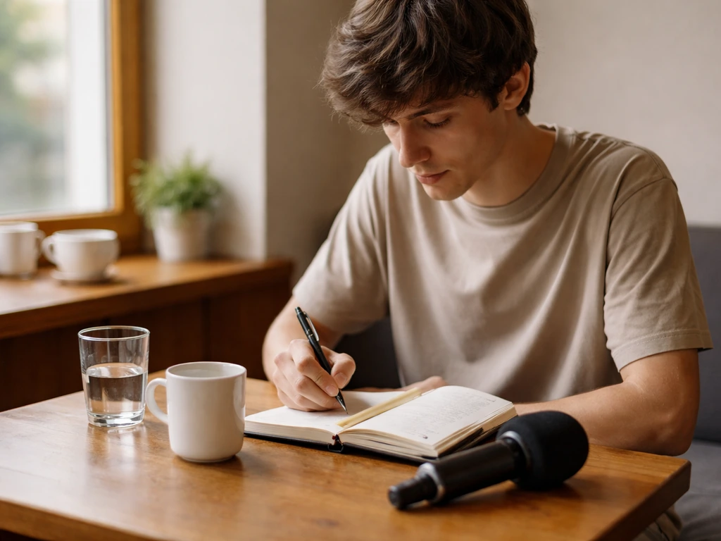 Un jeune apprenti journaliste prépare ses questions sur un carnet, dans un café calme