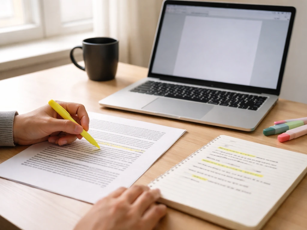 Mains en train de surligner un article de journal et d’écrire un résumé sur ordinateur, ambiance studieuse.