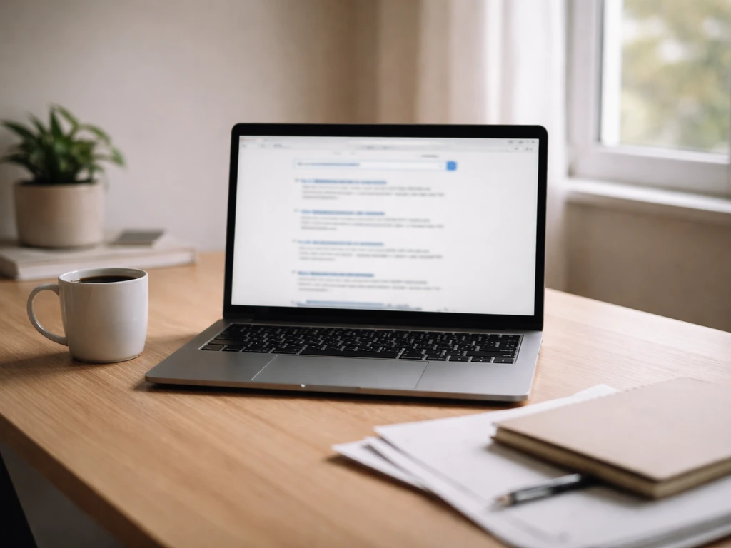 Ordinateur portable sur un bureau, écran affichant des résultats de recherche, ambiance bureau calme.