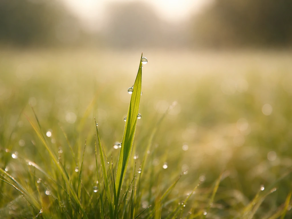 Jeune brin d’herbe fraîche avec rosée au premier plan, arrière-plan de pré flou au matin