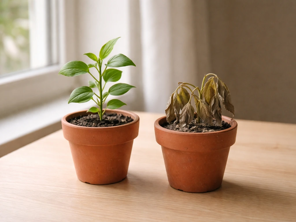 Deux plantes en pots contrastées : l’une vigoureuse, l’autre affaissée et sèche, côte à côte.