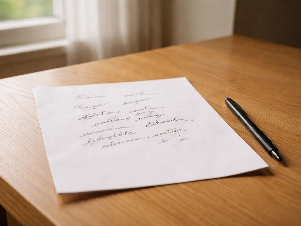 Feuille froissée avec mots griffonnés et un stylo sur une table en bois, lumière naturelle