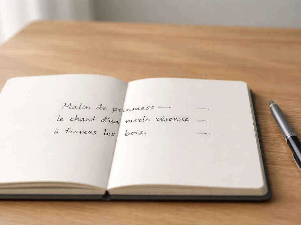 Carnet ouvert montrant un haïku de trois lignes en français, avec repères discrets de syllabes à côté.