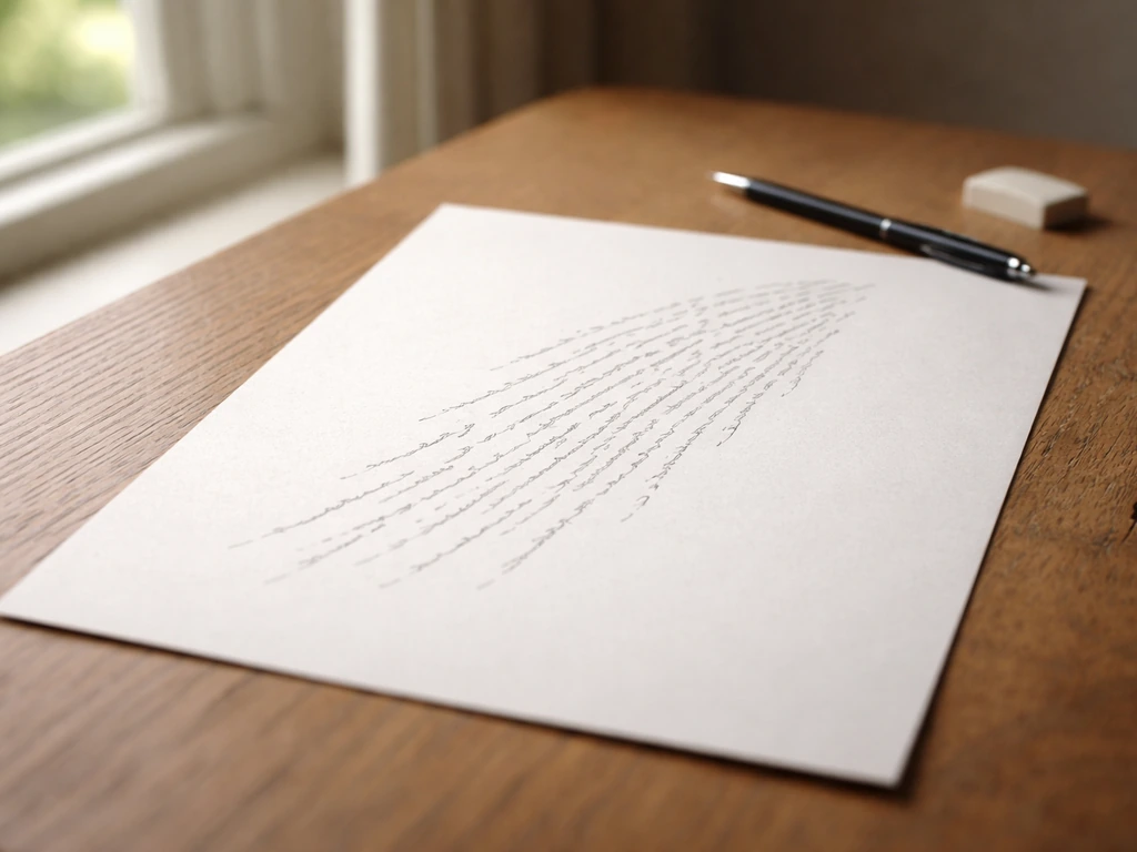 Feuille de papier avec un calligramme en diagonale, évoquant une pluie de mots, sur une table.
