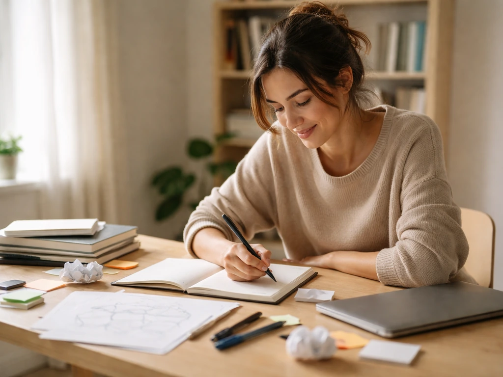 Jeune adulte enthousiaste au bureau, entouré de livres et notes, projet inachevé, ambiance d’apprentissage